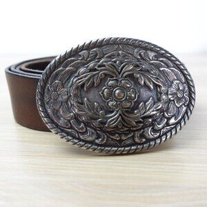 Vintage Eddie Bauer Mens Belt Leather Western Buckle Floral Rodeo Cowboy Oval 46